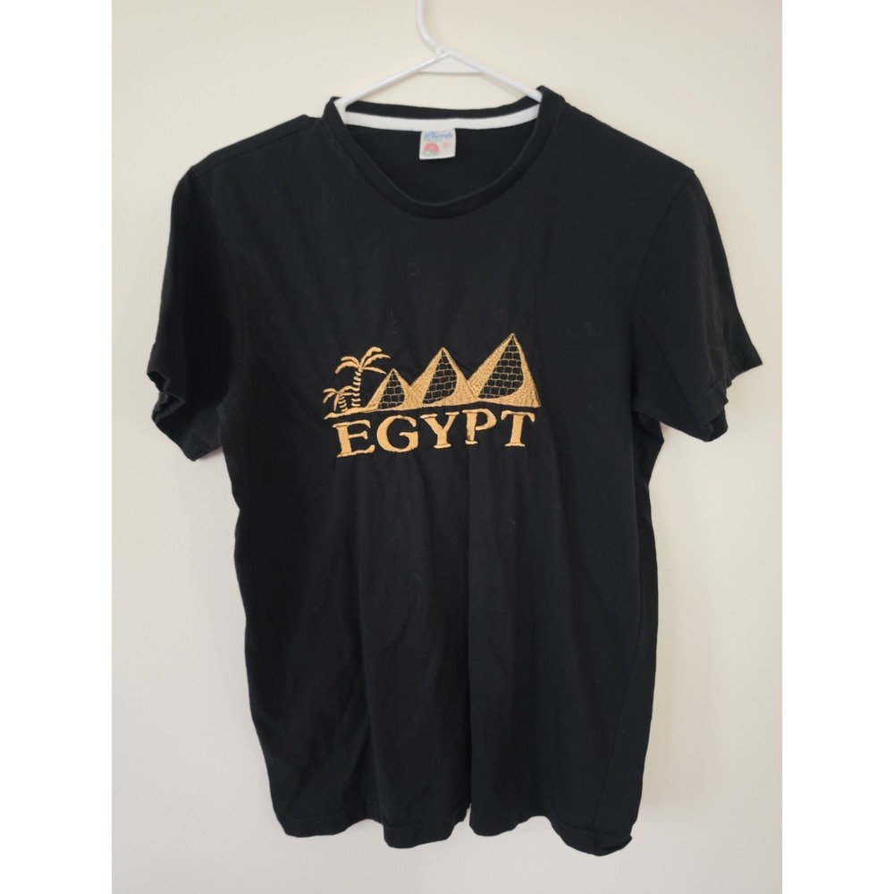 Embroided Y2K Egypt Size XL Black T-Shirt Cotton Short Sleeve Made In Egypt